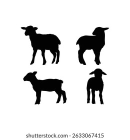 Adorável Baby Sheep Silhouette Vetor set ilustração em preto sólido no fundo branco