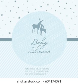 Adorable baby shower card for a baby boy. Vector illustration featuring Momma deer and a baby deer on a light blue background with stripes, stars and text. 