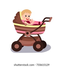 Adorable baby sitting in a modern pram, transporting of small children with comfort cartoon vector illustration