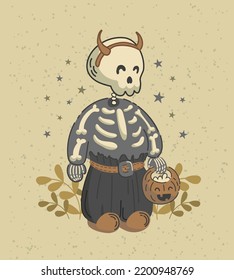 Adorable baby skeleton goes begging for candy for Halloween. Trick or treat. Night, stars, yellowed autumn grass. In vintage style. For posters, postcards, banners, printing on fabric.