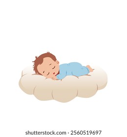 Adorable baby sleeping peacefully on a fluffy cloud, wearing a blue onesie. Perfect for concepts related to childhood, innocence, sweet dreams, and peaceful sleep