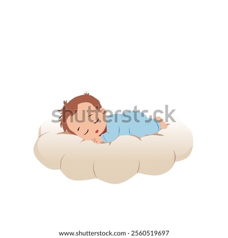 Adorable baby sleeping peacefully on a fluffy cloud, wearing a blue onesie. Perfect for concepts related to childhood, innocence, sweet dreams, and peaceful sleep