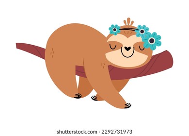 Adorable baby sloth animal hanging on tree branch cartoon vector illustration