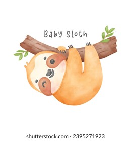 Adorable baby sloth hanging from tree branch cartoon watercolor nursery Illustration