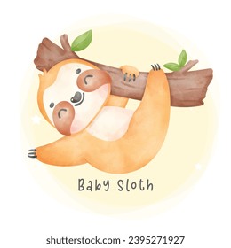 Adorable baby sloth hanging from tree branch cartoon watercolor nursery Illustration