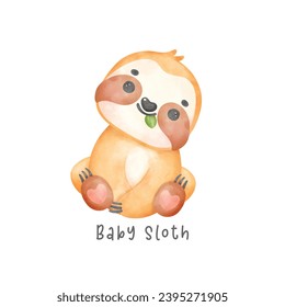 Adorable baby sloth sitting cartoon watercolor nursery Illustration