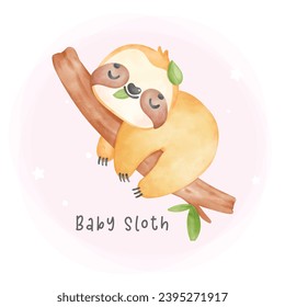 Adorable baby sloth sleeping on tree branch cartoon watercolor nursery Illustration