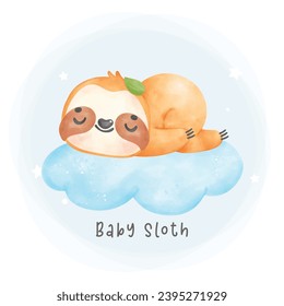 Adorable baby sloth sleeping on cloud cartoon watercolor nursery Illustration