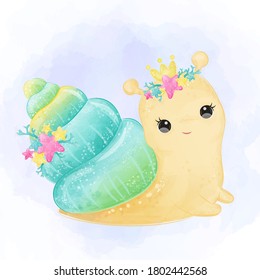Adorable baby snail portrait illustration