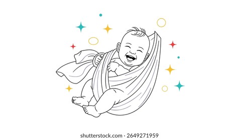 Adorável bebê enrolado em tecido adornado com estrelas cintilantes e círculos uma expressão alegre