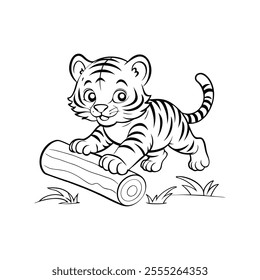 Adorable Baby Tiger Cub Playing on a Log - Black and White Outline Illustration.