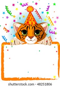 Adorable Baby Tiger Wearing A Party Hat, Looking Over A Blank Starry Sign With Colorful Confetti