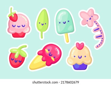 Adorable baby vector icon and sticker set. Cartoon kawaii smiling sweets, cupcakes, ice cream and other doodles. Digital art. Cute vintage 3D retro badges, patches and pins for print, decor, textiles
