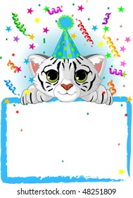 Adorable Baby White Tiger Wearing A Party Hat, Looking Over A Blank Starry Sign With Colorful Confetti