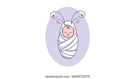 Adorable baby wrapped in a blanket dressed as a cute butterfly with antennae and rosy cheeks looking up