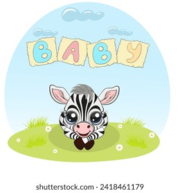 Adorable baby zebra lying on the grass, vector illustration. Happy baby zebra, Perfect illustration for t-shirt wear print design, greeting card, baby shower, party invitation and much more