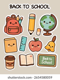 Adorable "Back to School" sticker set in kawaii style, featuring cute school supplies with smiling faces — including a backpack, pencil, book, ruler, apple, bell, globe, chalkboard, and coffee cup.