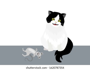 Adorable back and white persian tuxedo cat smiling with small mouse on floor. Isloated on whilte background. Vector Illustration. Idea for cat behavior/instinct and animal's cute template, background.