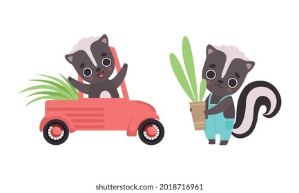 Adorable Badger Activities Set, Cute Baby Animal Character Riding Car and Holding Flowerpot with Plant Cartoon Vector Illustration