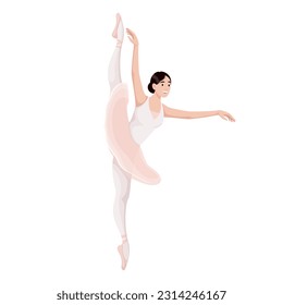 Adorable ballerina dancing vector illustration. Cartoon isolated female dancer in ballet dance action position, arabesque graceful pose of cute woman in tutu and pointes for ballet performance