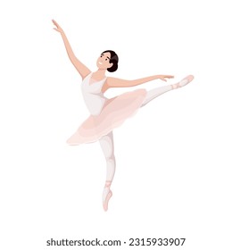 Adorable ballerina dancing vector illustration. Cartoon isolated woman training attitude ballet dance position, cute graceful artist in pink pretty tutu and pointes moving on ballet theatre stage