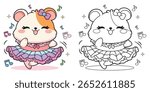 Adorable ballerina hamster dancing happily in a frilly dress. Perfect coloring page for kids. Main object and background are separated in different layers (not merged).