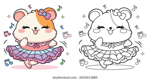 Adorable ballerina hamster dancing happily in a frilly dress. Perfect coloring page for kids. Main object and background are separated in different layers (not merged).