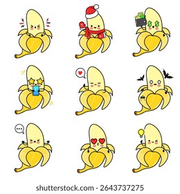 Adorable banana characters expressing different emotions, perfect for fun and playful designs. They have different expressions and are in different poses.