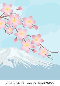 Adorable banner with a blossoming sakura branch on a snowy peak background. Vector illustration for your design