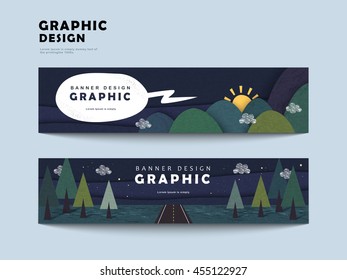 adorable banner template design set with mountains around