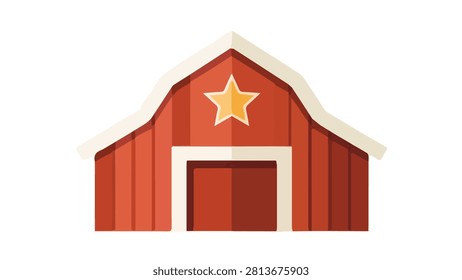 Adorable barn graphic featuring a star, vibrant red wooden structure, depicting rural farm or countryside scene.