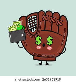 Adorable Baseball Glove character with dollar eyes and a wallet full of money.