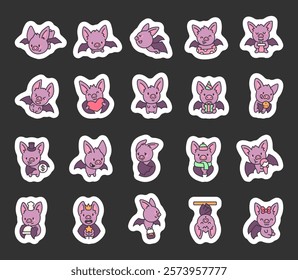 Adorable bat characters set with kawaii cartoon animals showing unique emotions and holding various accessories for celebrations, holidays, special moments, and everyday activities