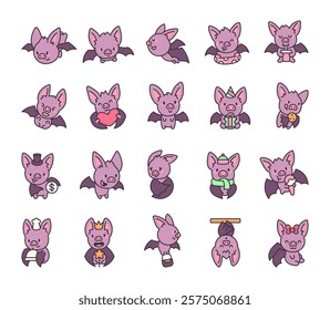 Adorable bat characters set with kawaii cartoon animals showing unique emotions and holding various accessories for celebrations, holidays, special moments, and everyday activities