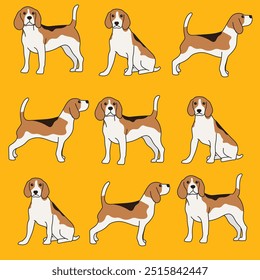 Adorable Beagle Poses: Ilustraciones juguetonas y encantadoras perfectas para los amantes de las mascotas! Mejore sus diseños con estos versátiles Vectores beagle de alta calidad.