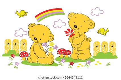 Adorable bear and animal companions in a nostalgic vintage style. Hand-drawn charm meets soft, classic colors – ideal for prints, stationery, and children’s room art.