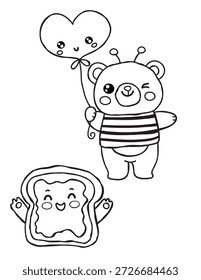 Personagem de abelha de urso adorável segurando o balão do coração com amigo do brinde