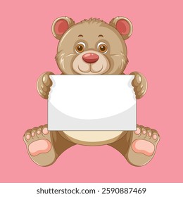 Adorable bear with a blank sign on pink background