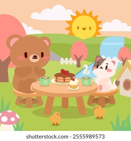 Adorable bear and cat enjoying a springtime picnic with pancakes and cupcakes. Bear and cat tea party scene in a pastel spring landscape.