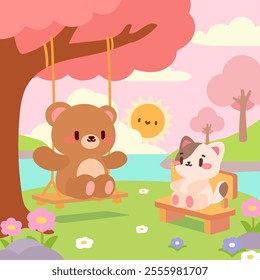 Adorable bear and cat enjoying a sunny day in a swing park scene. A cute illustration of a bear on a swing and a cat sitting on a bench under cherry blossom trees by a serene lake.