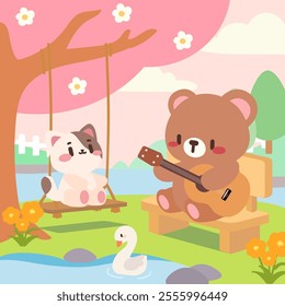 Adorable bear and cat in a spring park scene. Kawaii animals relaxing by the lake with guitar music. Cute cartoon bear and cat friendship illustration.