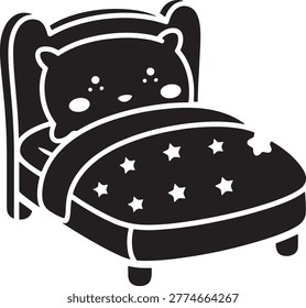 Adorable bear character resting in cozy bed under starry blanket, bedtime comfort, sweet dreams sleepy creature.