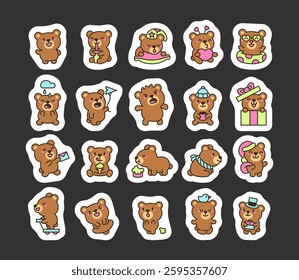 Adorable bear character set featuring various emotions, accessories, and objects, including holiday themes, weather elements, transportation, gifts, and playful interactions