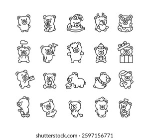 Adorable bear character set featuring various emotions, accessories, and objects, including holiday themes, weather elements, transportation, gifts, and playful interactions