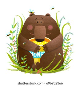 Adorable Bear Cub Eating Sweet Honey. Little adorable bear enjoying tasty honey. Vector illustration.