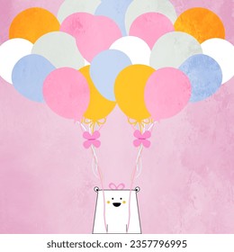 Cubo de oso adorable con globos multicolores sobre fondo rosado con textura acuarela