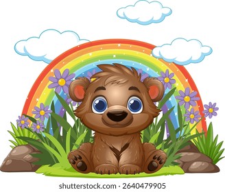 Adorable bear cub sitting with colorful rainbow backdrop