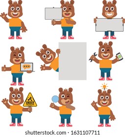 Adorable bear with different poses set 01. Flat design style.