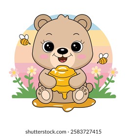 Adorable Bear Enjoying Honey Cartoon Vector Icon Illustration.
