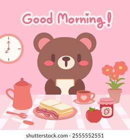 Adorable bear enjoying a sweet breakfast in a pink setting. Kawaii bear breakfast scene with toast, jam, and coffee.